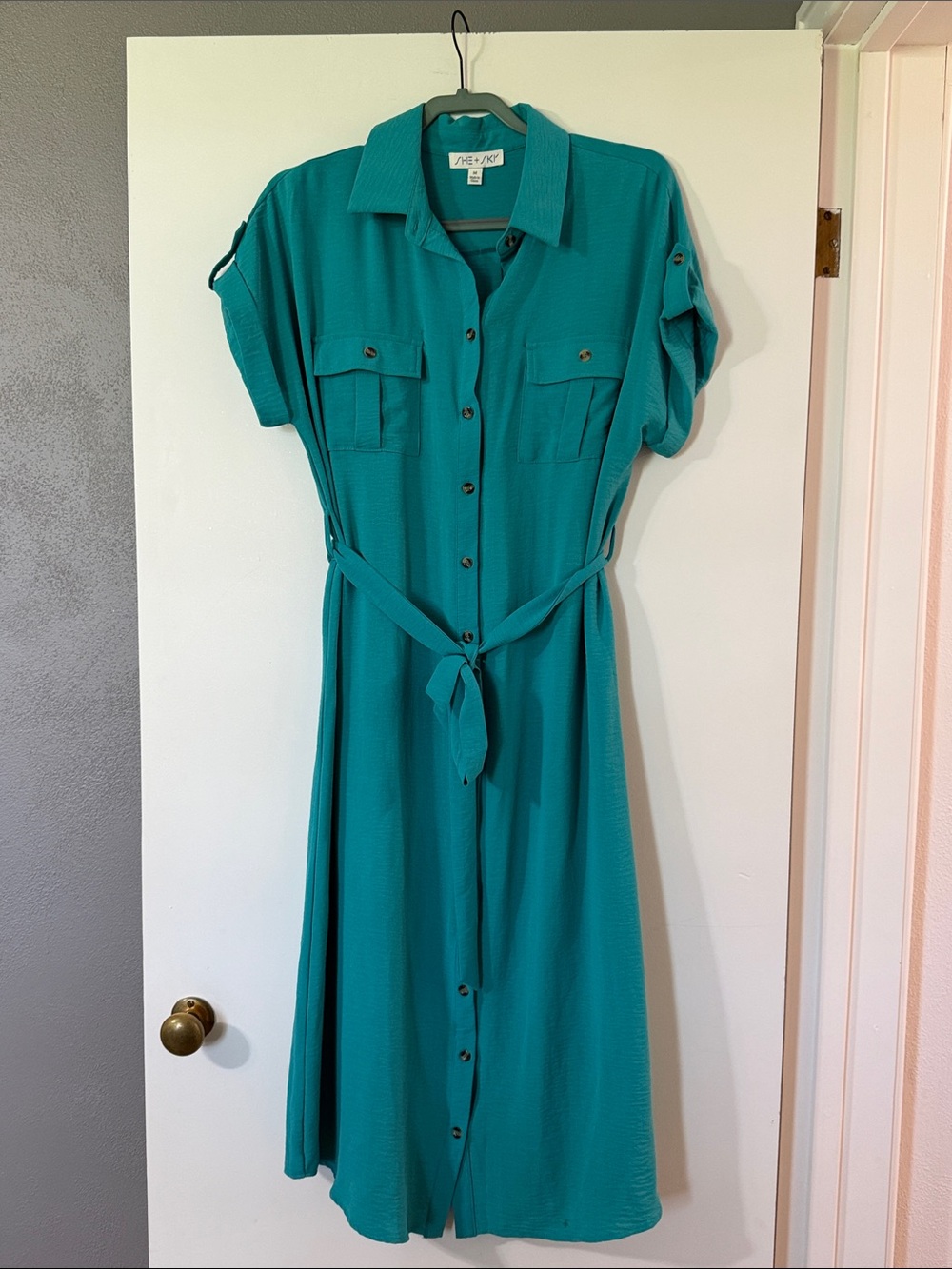 She + Sky Teal Button-Front Midi Shirt Dress with Tie Waist